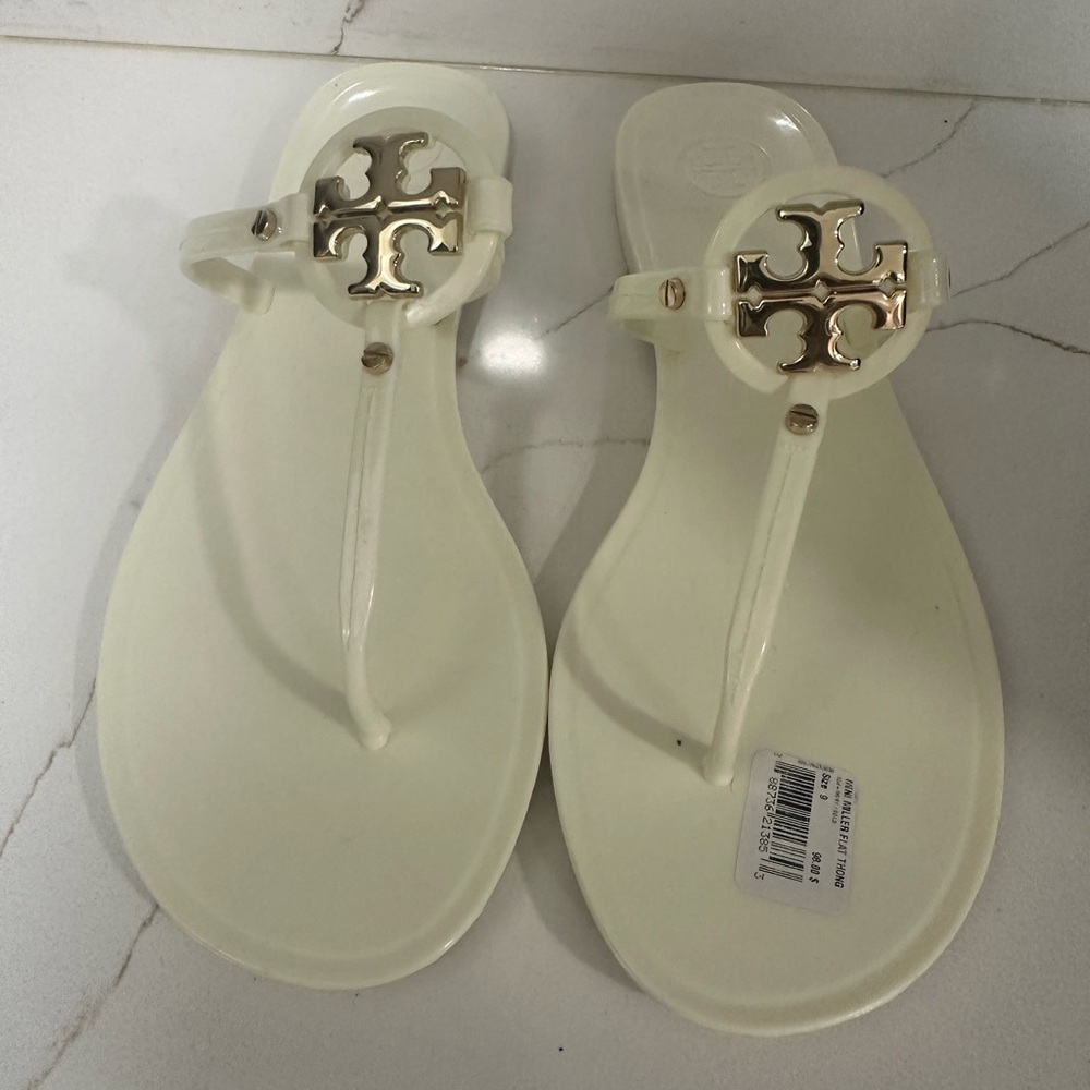 Tory Burch Cream Thong Sandals with Gold Medallion